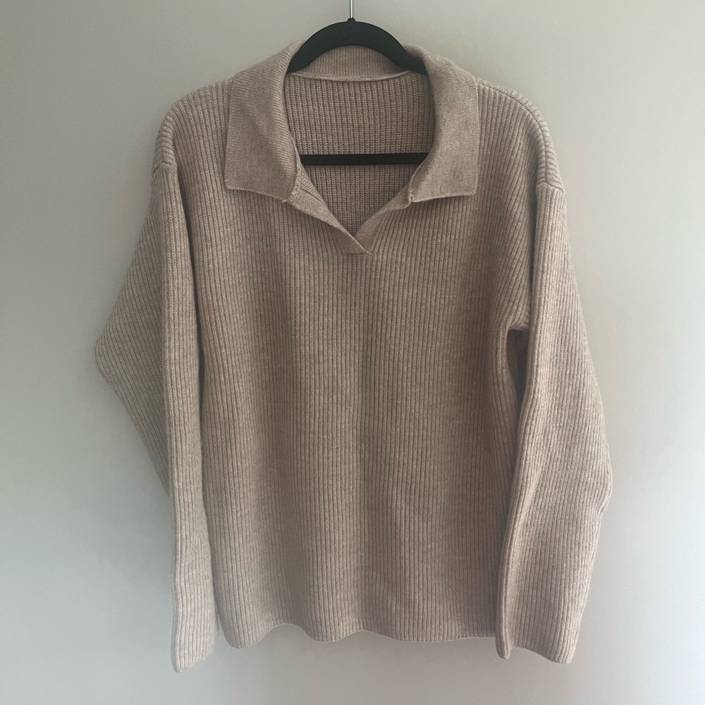 Beige Ribbed Collared Women's Sweater